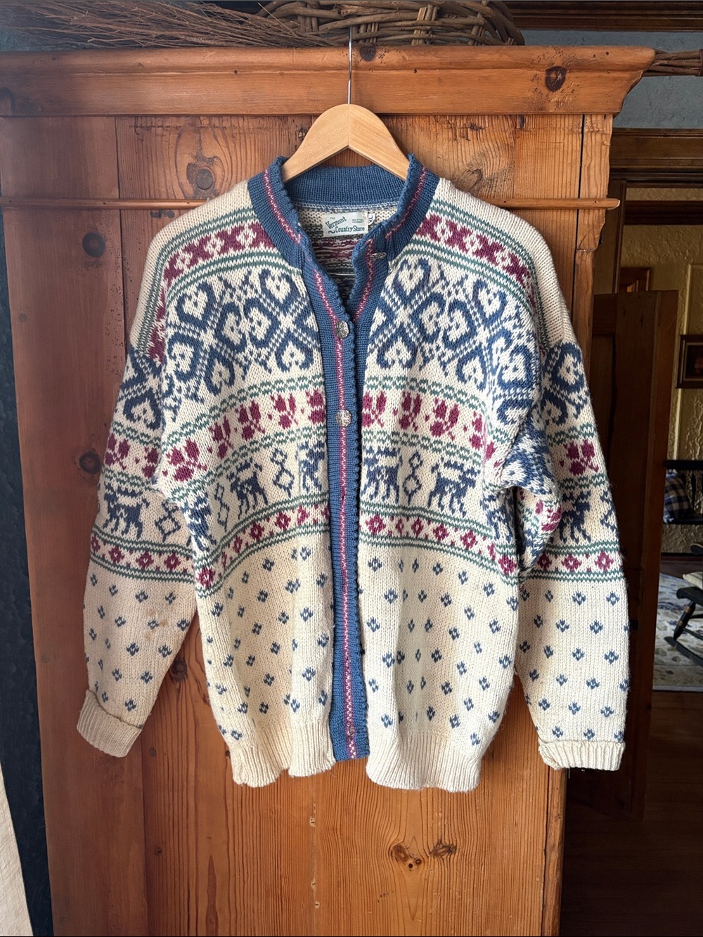 Cotton/Wool Blend Nordic-Patterned Cream Cardigan with Blue & Burgundy Accents